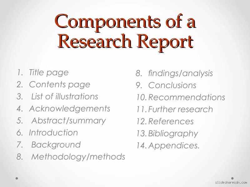 What are the 7 components of a research report?