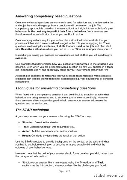 What are some examples of competency-based questions?